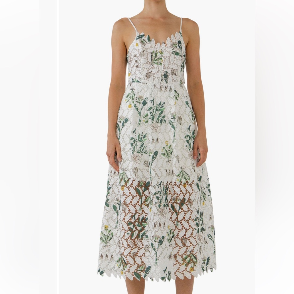 Endless Rose White Lace Midi Skirt with Green and Yellow Floral Motif